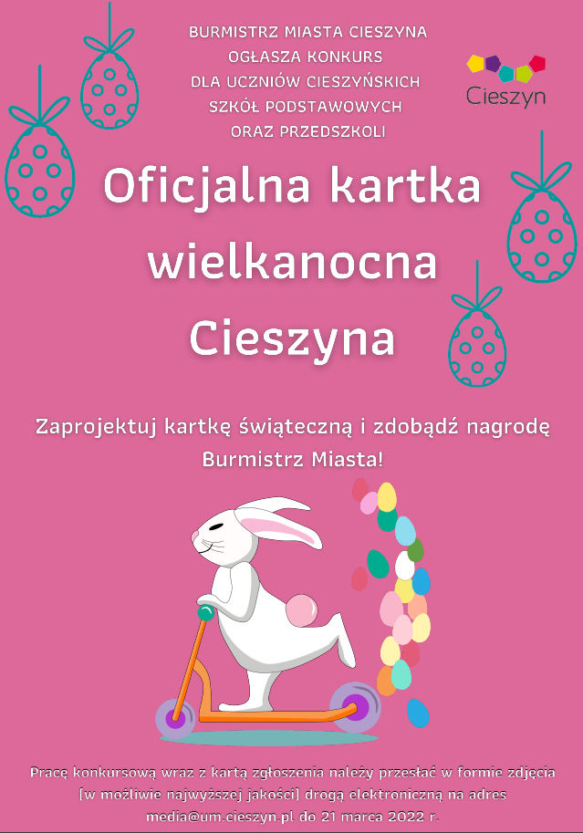 Kartka wielkanocna, różowe tło z grafiką królika na hulajnodze i logo Cieszyn robi wrażenie 